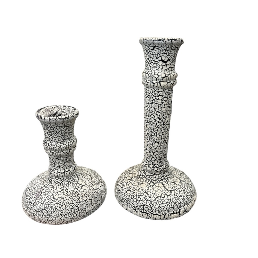ROYAL HAEGER-BLACK & IVORY CRACKLE FINISH‎ COLUMN CANDLE HOLDERS SET OF 2